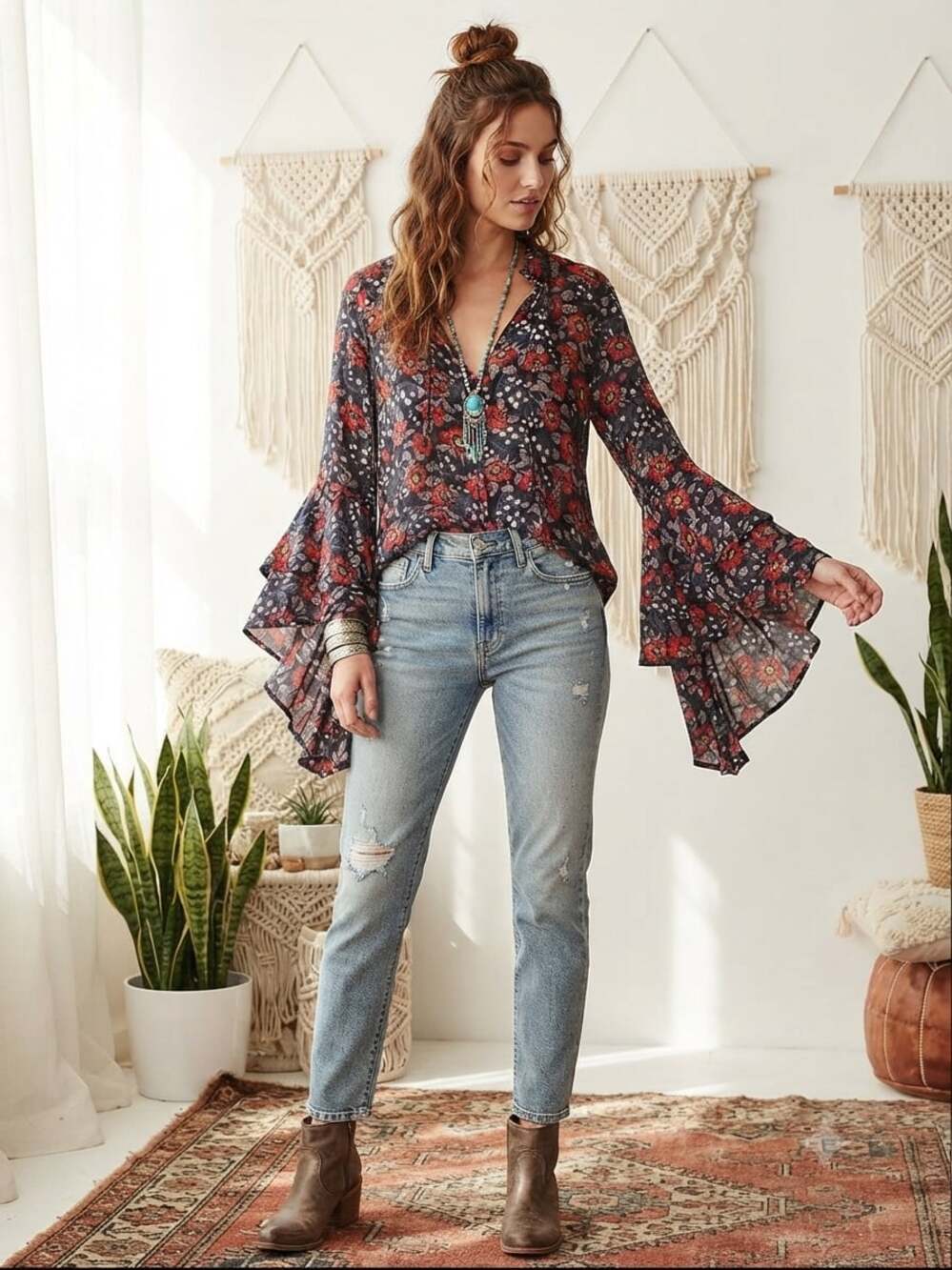 Free People Counting Daisies Floral Bell Sleeve Button Down Blouse Size M